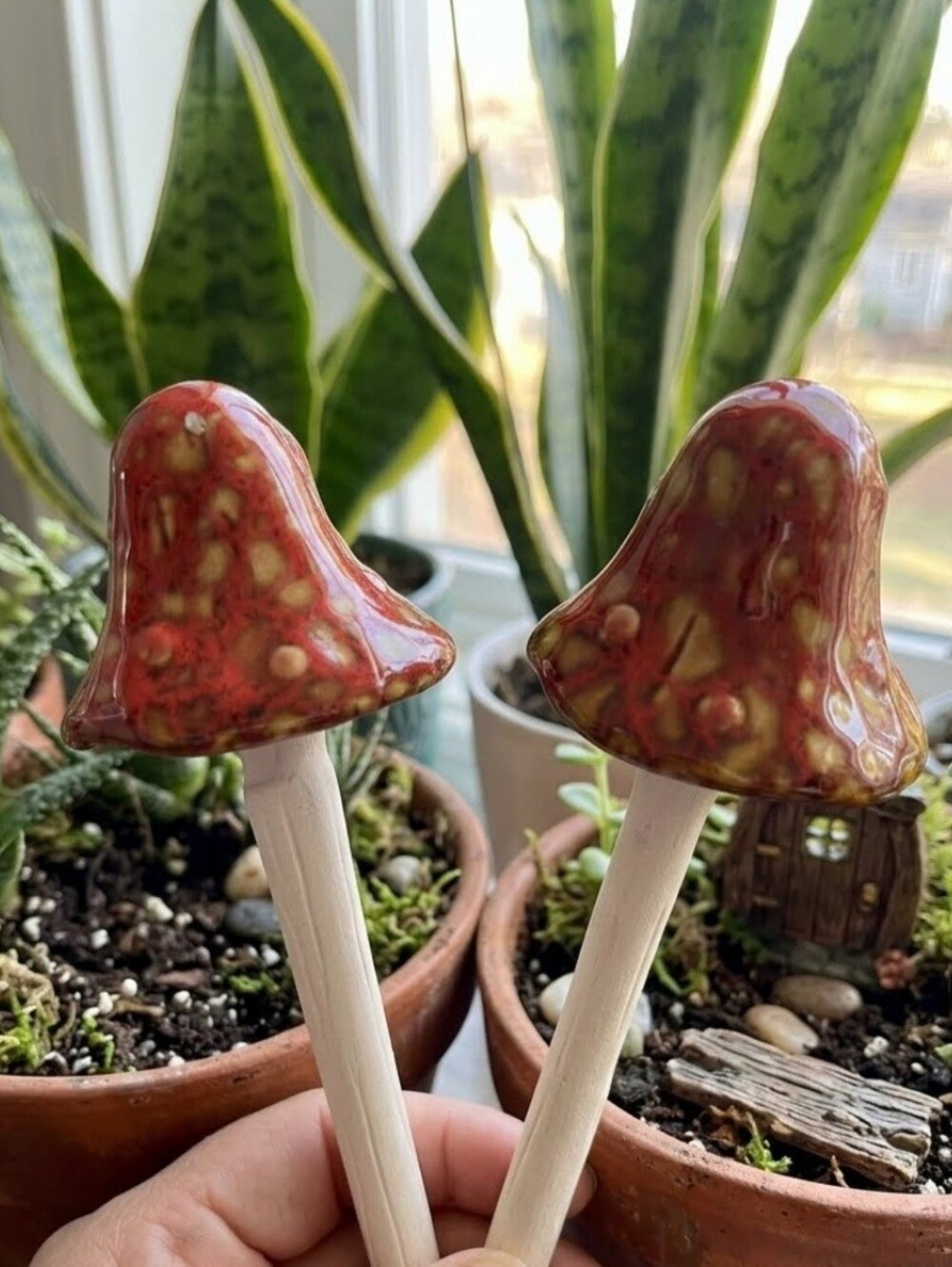 Set of 2 Ceramic Mushroom Stakes (6) Garden/Planter Ornament (Tinkling). New